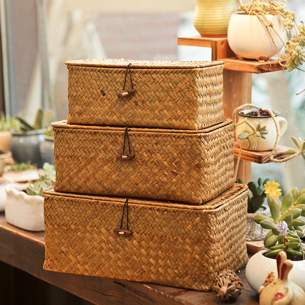 

3 Pcs Hand Seagrass Lid Rattan Decorative Small Basket for Makeup Toy Sundries Portable Case Large Simple Woven Decorative