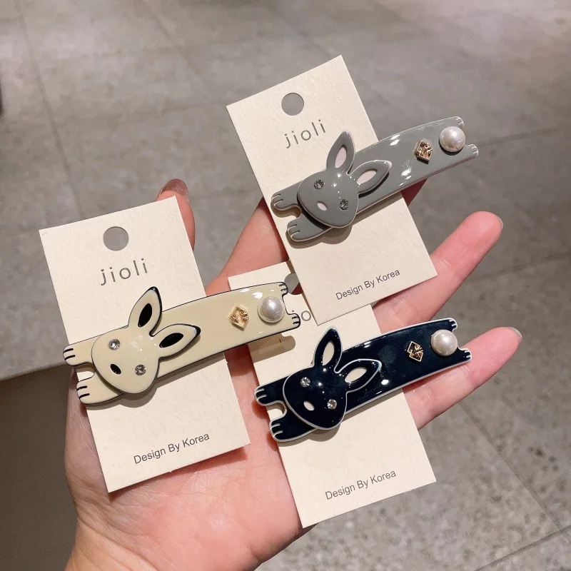 Acrylic Rabbit Hair Clip Pearl Inlay Barrettes Cute Animal Hair Pin Women Daily Korean Fashion Accessory Office Hairstyle ZY07