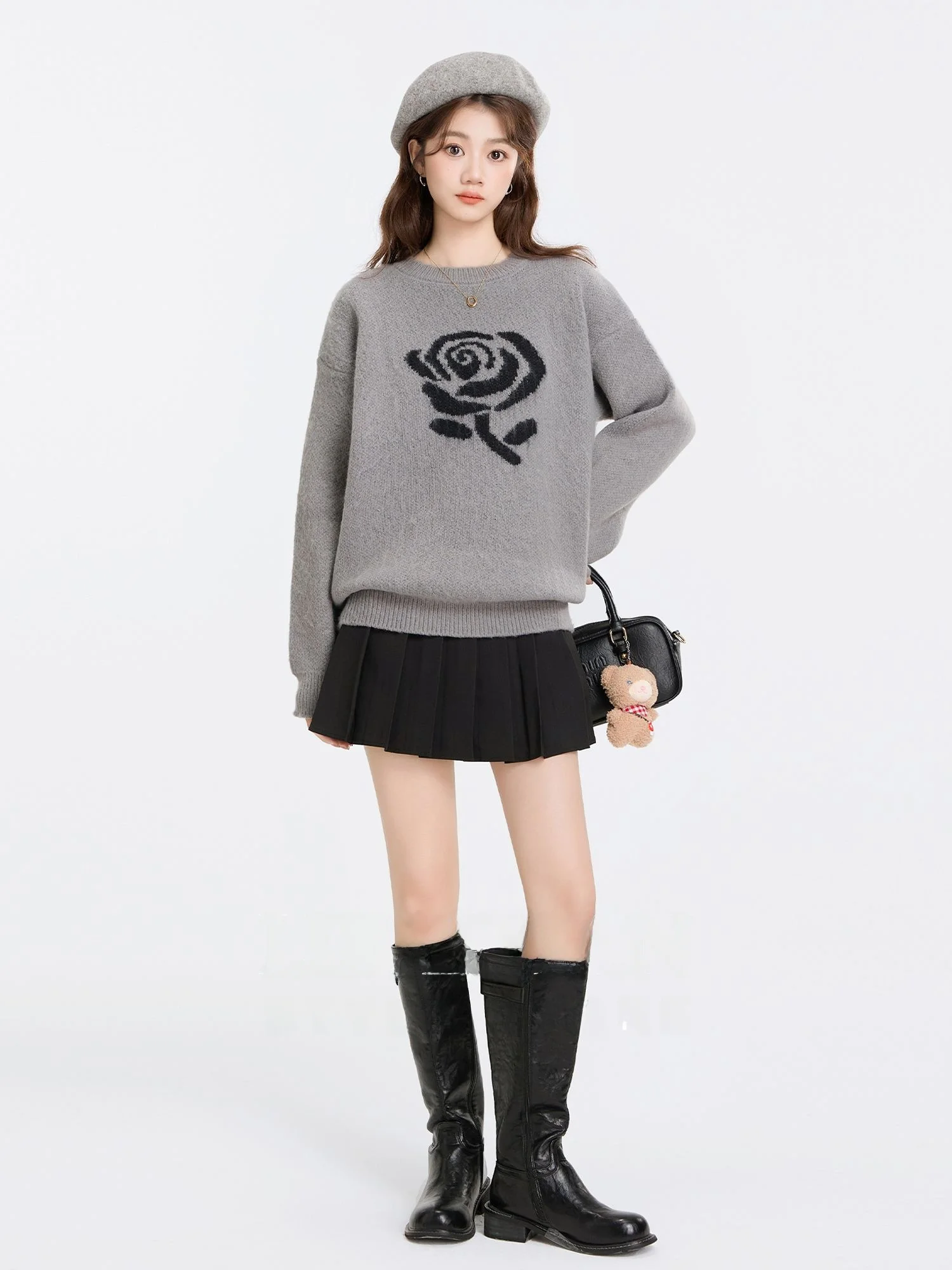 Retro Rose Embroidery round Ne Loose Women's Knitted Sweater Casual Outerwear Spring Autumn Winter Comfortable Fit Knitwear