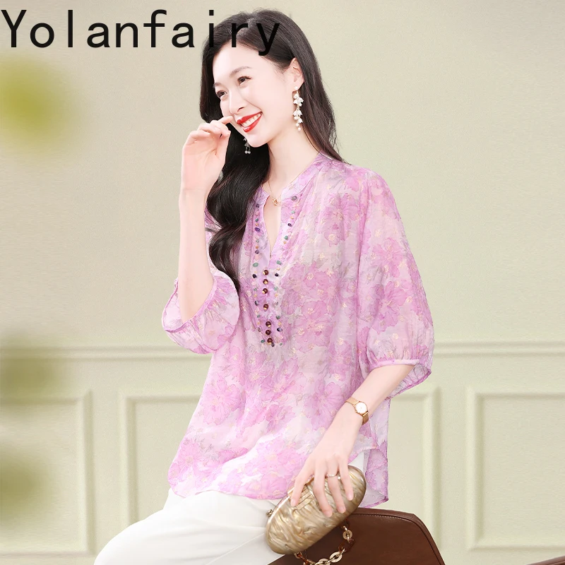 

YOLANFAIRYS, женский топ из шелка и льна, летняя элегантная, мягкая, с французским цветочным принтом и бисером, розовая свободная женская футболка с v-образным вырезом, 2025 г.