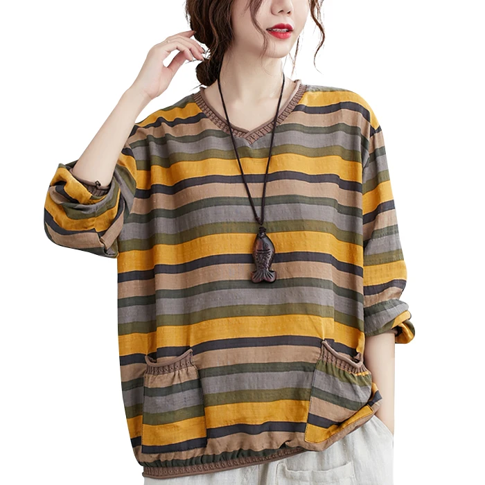 

Свободная женская футболка большого размера с длинным светом, хлопково-льняная полоска с v-образным вырезом, вязаный модный художественный осенне-зимний топ