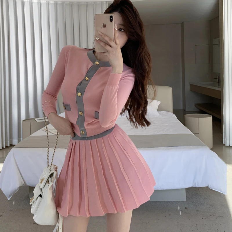 Casual Pink Knitted 2 Piece Set Elegant O-Neck Cardigan Top + High Waist Mini Pleated Skirts Spring Korean Fashion Sweet Outfits