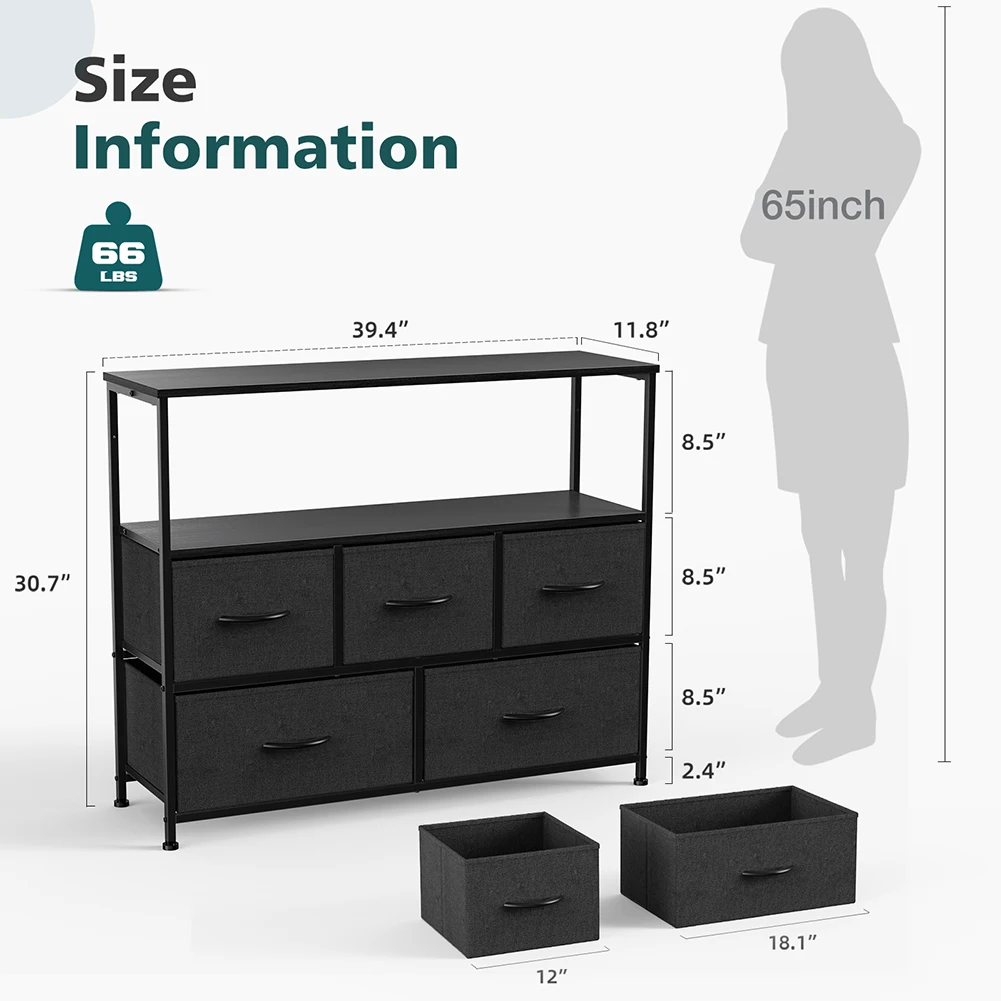 Dresser For Bedroom 5 Drawer Dresser Closet Fabric Dresser With Metal Frame Media Console Table Steel Frame With Open Shelf Case