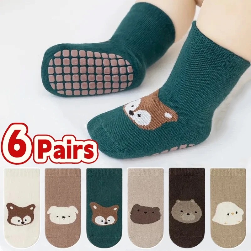 6 Paar Kinder-Bodensocken mit Fuchs- und Bärenmuster, rutschfeste Kindersocken, niedliche Cartoon-Socken, weiche und atmungsaktive Innensocken für Kleinkinder