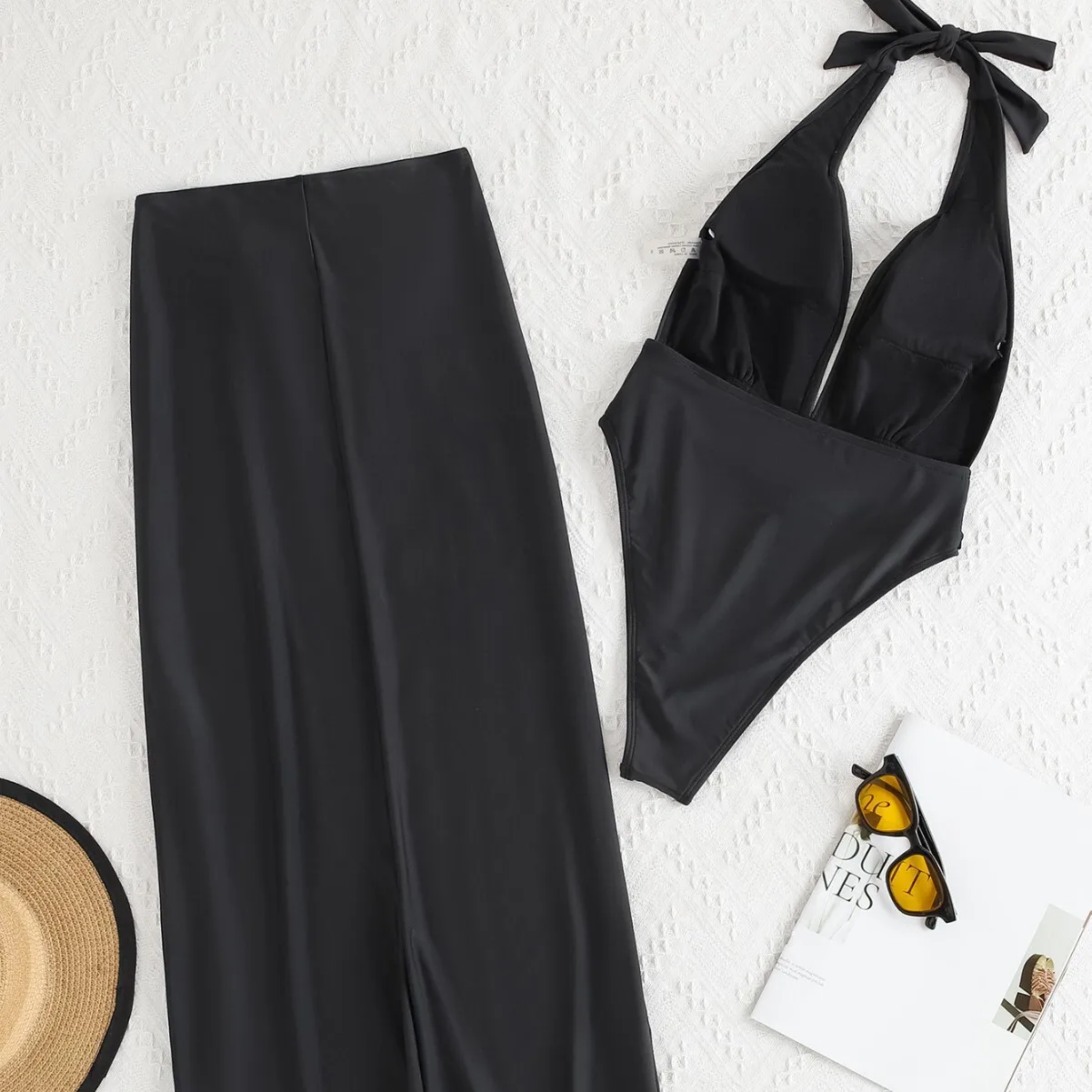 2025 New 2-Piece Set Sexy Backless Deep V Metal One-Piece Top With High Slit Skirt Swimsuit