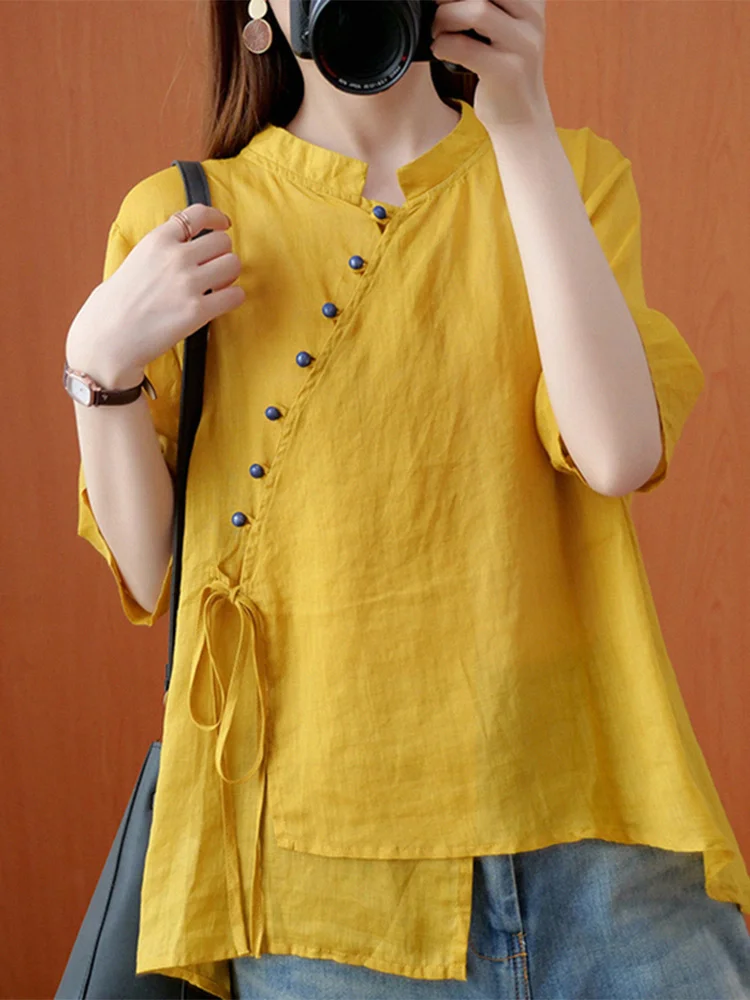 

Свободный хлопковый льняной женский летний утягивающий топ большого размера ort Sve, асимметричный дизайн, удобная дышащая повседневная одежда