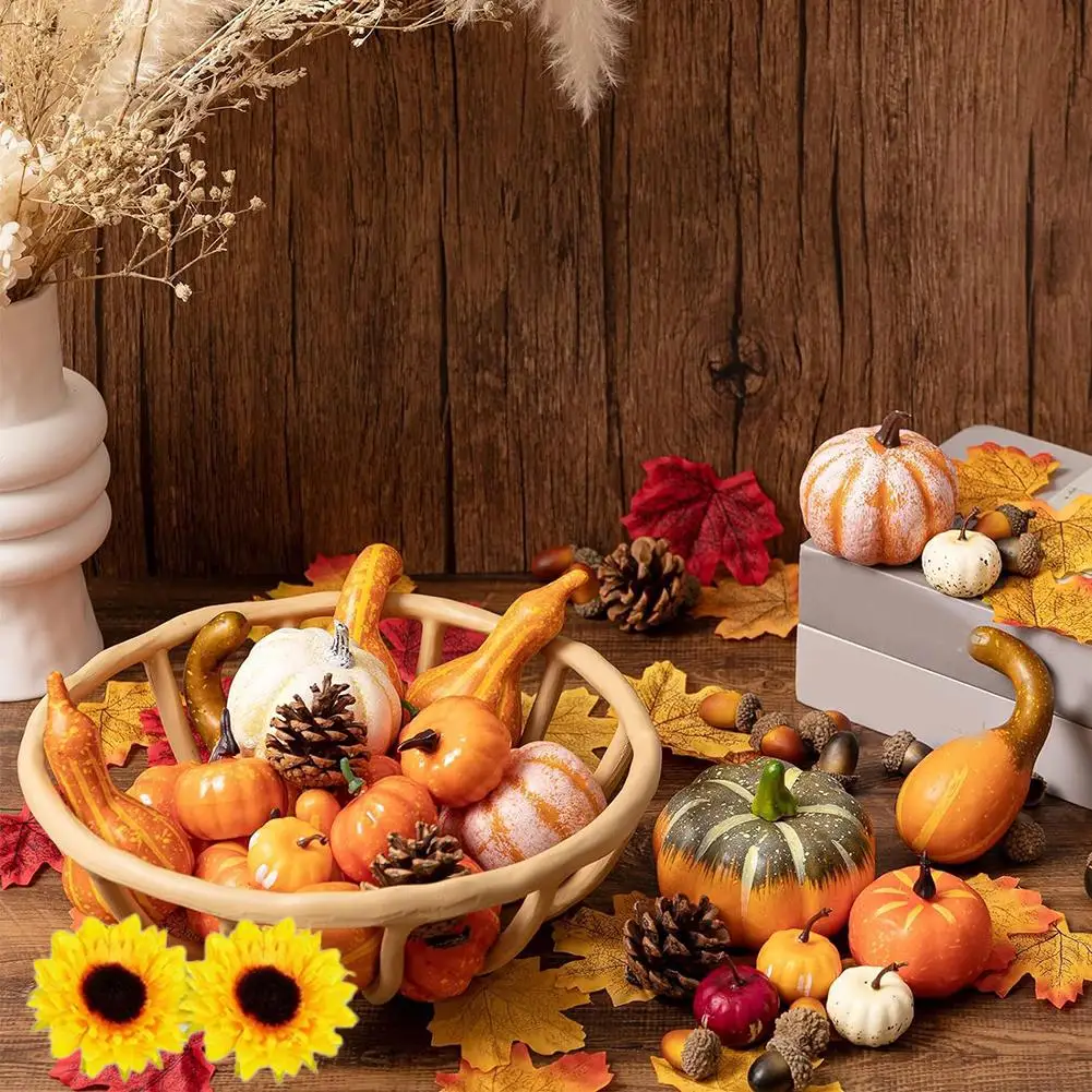 

Thanksgiving Decorations Artificial Pumpkins Set Halloween Holiday Autumn Artificial Maple Leaves Pumpkin Pinecones Berries Stem