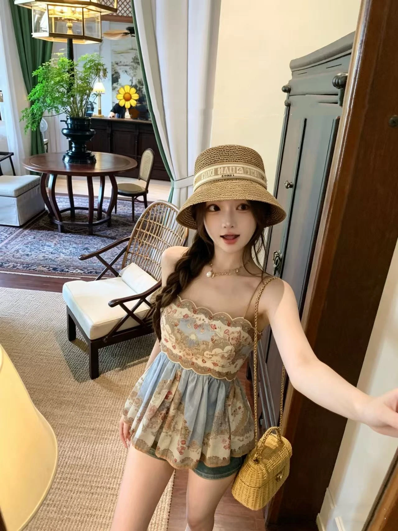 

Chiang Mai Rainy Season Zim Beautiful Vacation Strap Heavy Long Skirt Summer Design Sense Print Large Cake Dress Women's Fashion