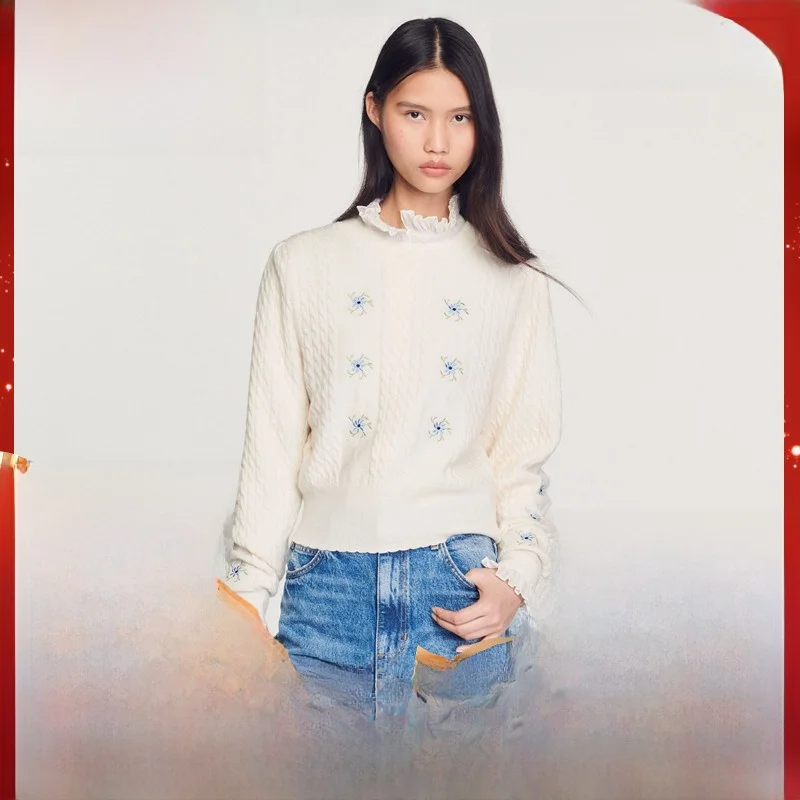 

Women's Knitted Floral Embroidery Twist Color Contrast Top Sve Long Regular Sle Commute Faion Low round Ne PU0547