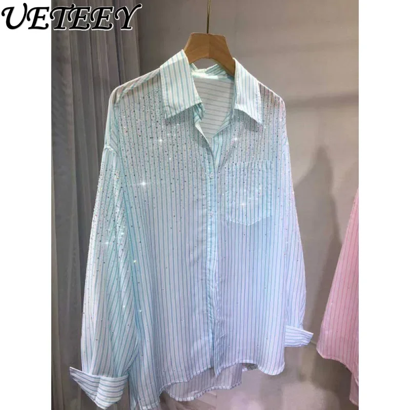 Heavy Embroidery Hot Drilling Women's Lightweight Lapel Loose Slimming Stripes Sun Protection Shirt Mid-Length Long Sleeve Tops