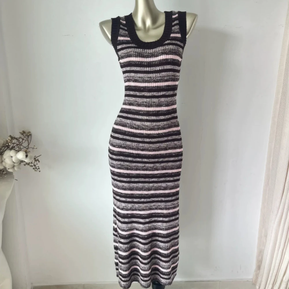 French Design Sense Niche Knitted Dress Temperament Contrasting Color Pink Coffee Stripe Mixed Color Thin Sleeveless Vestidos