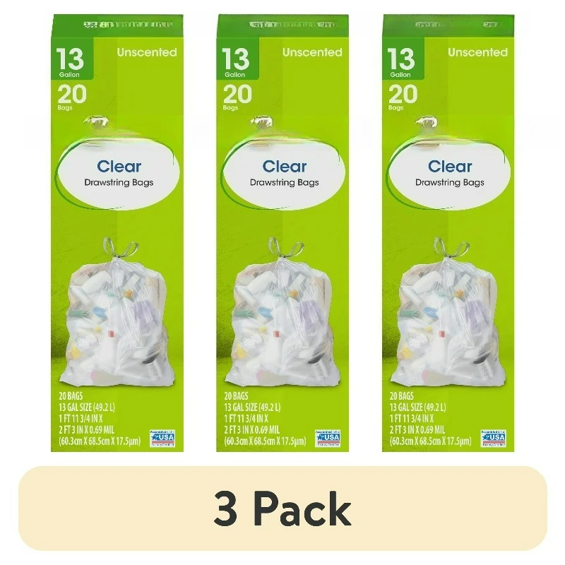 

Набор из 3 упаковок: 13-галлонные прозрачные высокие мешки для кухни с завязками, 20 мешков