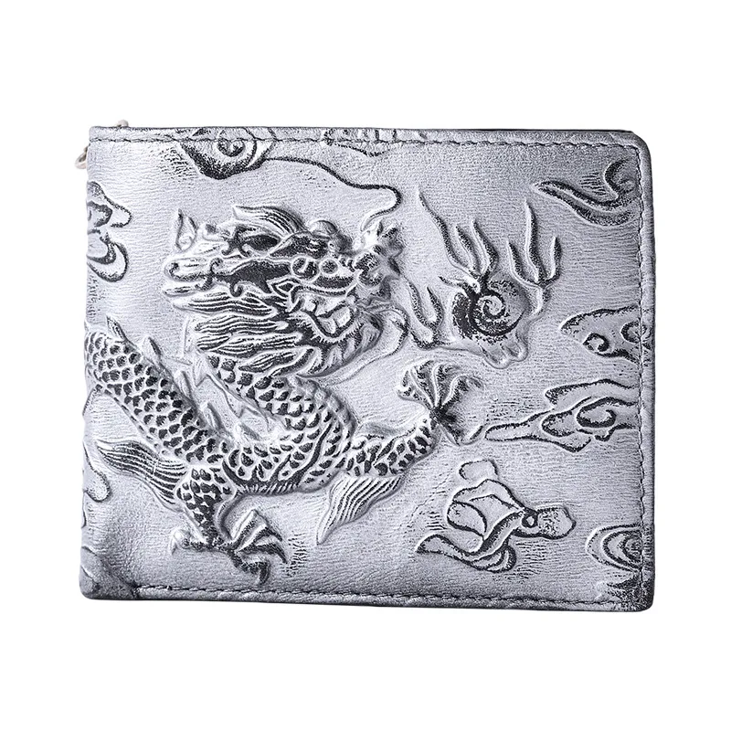 Punk Rock Biker Herren-Geldbörse mit Metallkette Retro Silberner Drache Geprägt Echtes Leder Diebstahlsichere Kettenbörse für Männer – Detail 7