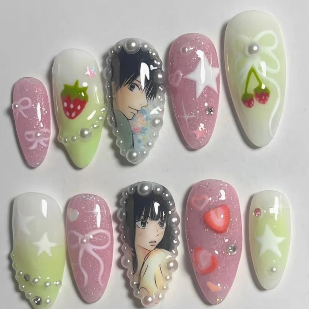 French Handmade Manicure Medium Almond Fake Nails Elegant Painting 3D Nails Press On Nails Design with Adhesive Nail File Set