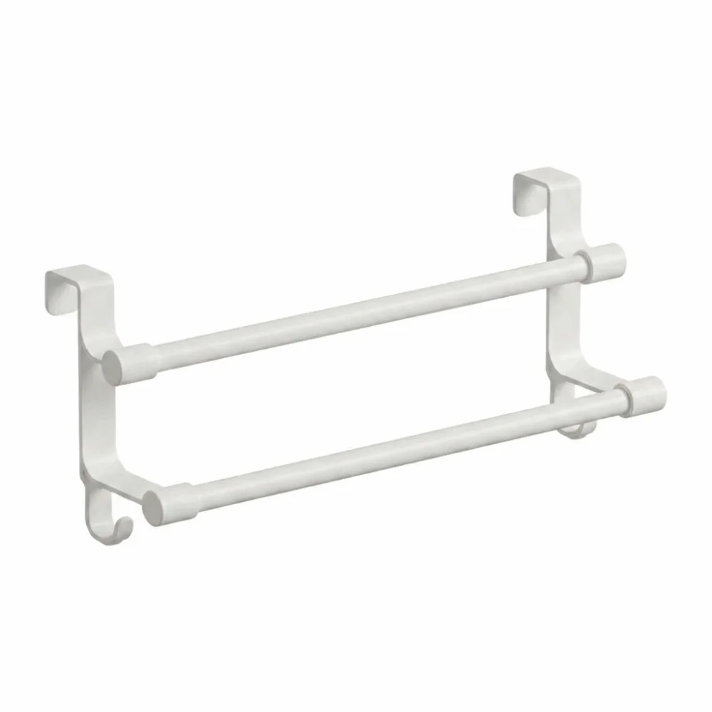 Space-Saving Double Rod Towel Rack Heavy Duty Metal Door Rear Hook Storage Rack with Hooks Punch-Free Bath Towel Organizer