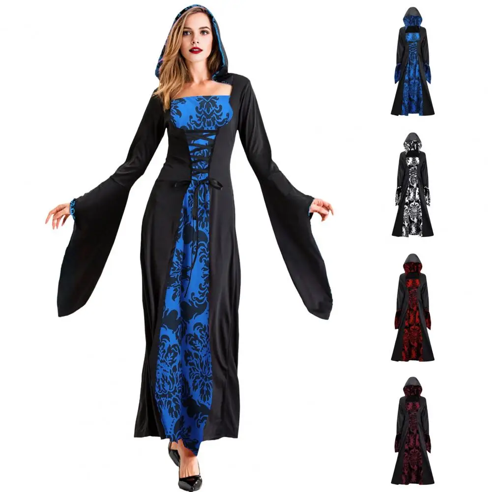 19th Century Vintage Dress Era Dress Dark Style Halloween Party Costume with Lace-up Strap Hooded Flower Print Long for Women