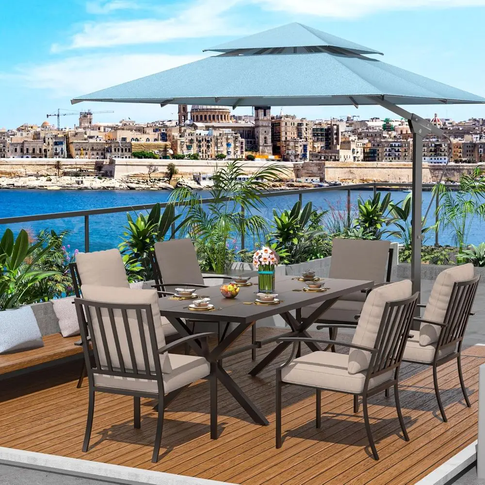 

7-Piece Outdoor Dining Set with Umbrella Hole, Metal Furniture for Patio, Garden, Sand Areas