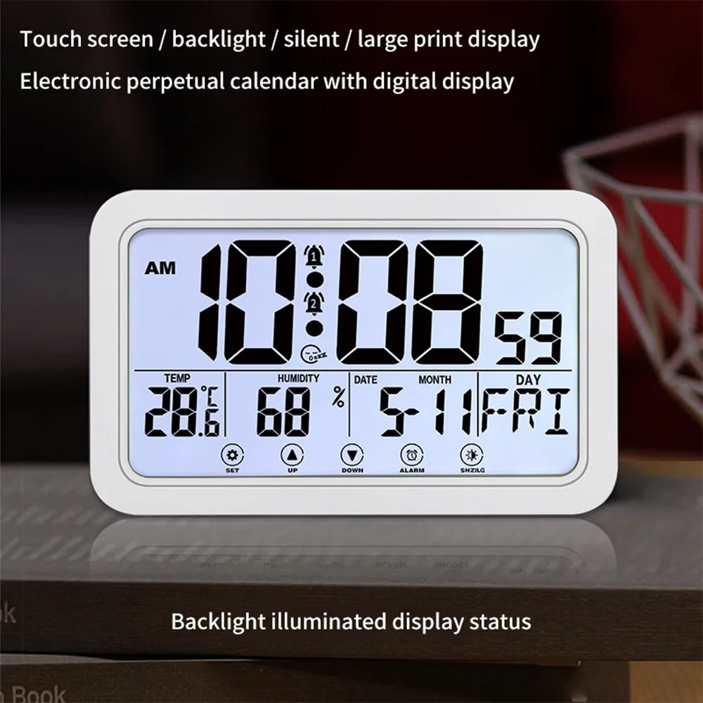 Large Number Electronic Wall Clock Student Alarm Clock Temperature Humidity Calenda Display Touch Setting Button Home Decoration