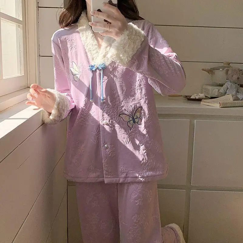 

Флисовый пижамный комплект Sea Island, женский зимний повседневный носимый фиолетовый бабочка, милая толстая теплая домашняя одежда, милая одежда для дома