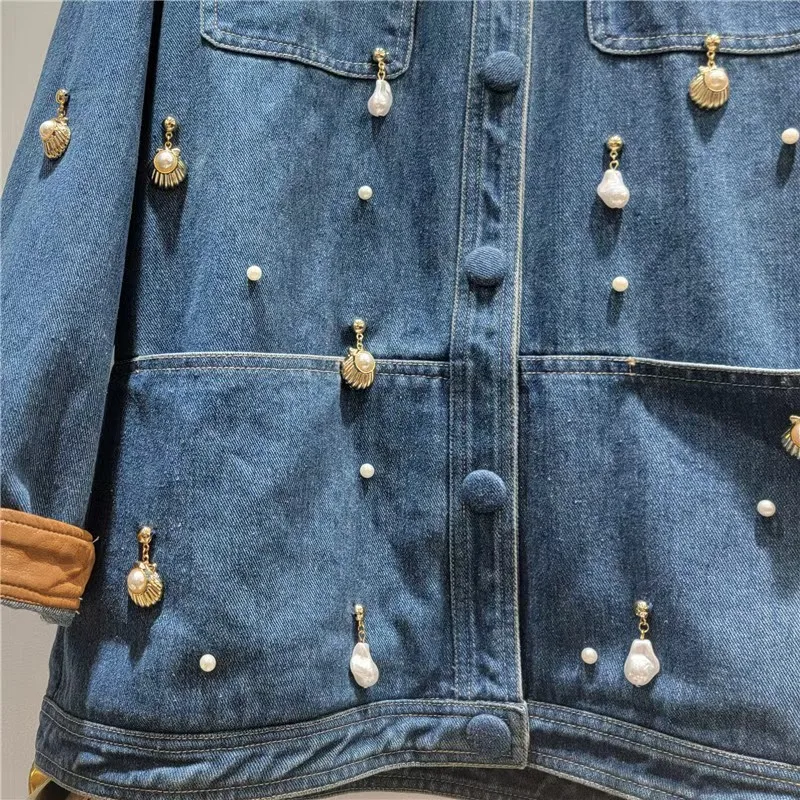 

Denim Jacket Women's 2025 Autumn Winter New Fashion Beaded Patchwork Turn-Down Collar Denim Jacket Mid-Length Loose Top Trendy