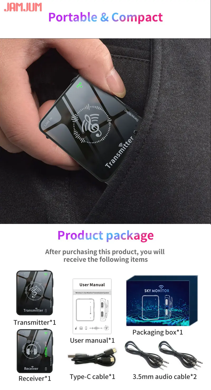 Jamjum Wireless In-ear Monitor System 2.4g Rechargeable Set_voghion.com