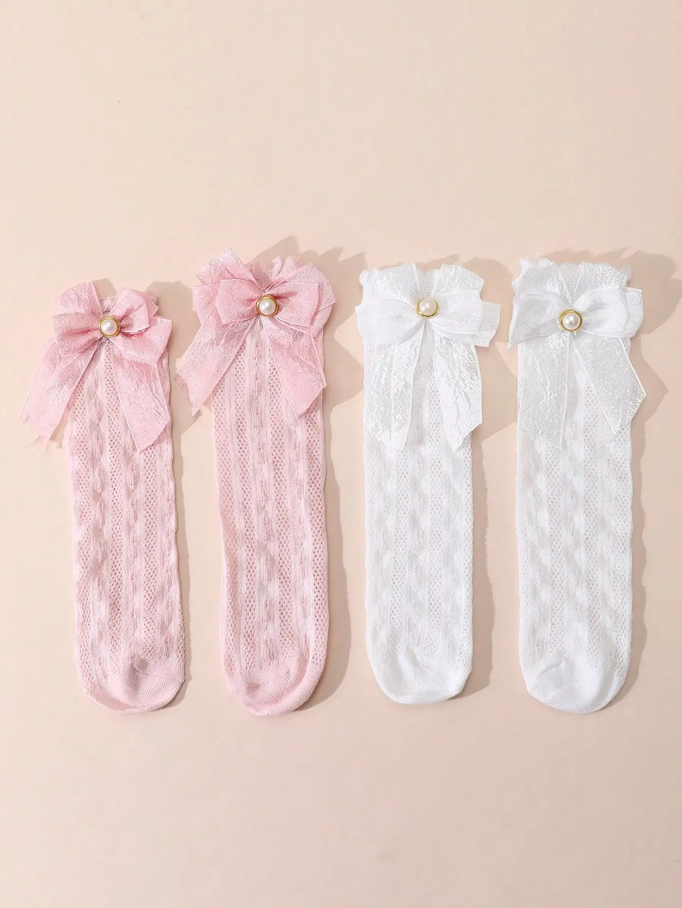 2Pairs Girls Cable Knit Knee High Socks Lace Pearl Bow Hollow Breathable Anti Mosquito Princess Kids Over Knee Stockings 3-8Y
