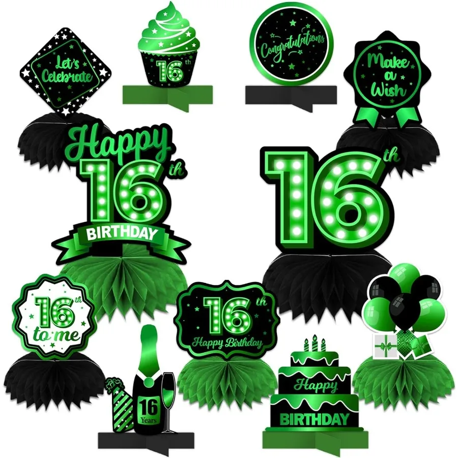 عيد ميلاد سعيد السادس عشر باللونين الأخضر والأسود قطع مركزية على شكل قرص العسل بالونات ديكور للطاولات وديكورات الطاولة للفتيات #1