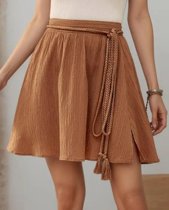 

Women's Half Skirt 2026 Spring and Summer Fashion Latest Y2K Solid Color High Waisted Tassel Ribbed Lace Up Pleated A-Line Skirt