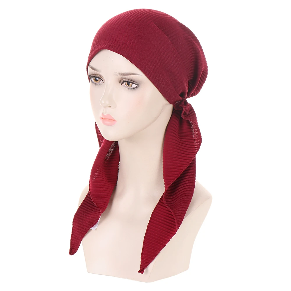 New Muslim Women Pre-Tied Headscarf Cap Female Turban Cancer Chemo Hat Hair Loss Cover Head Wrap Headwear Stretch Bandanas Hijab