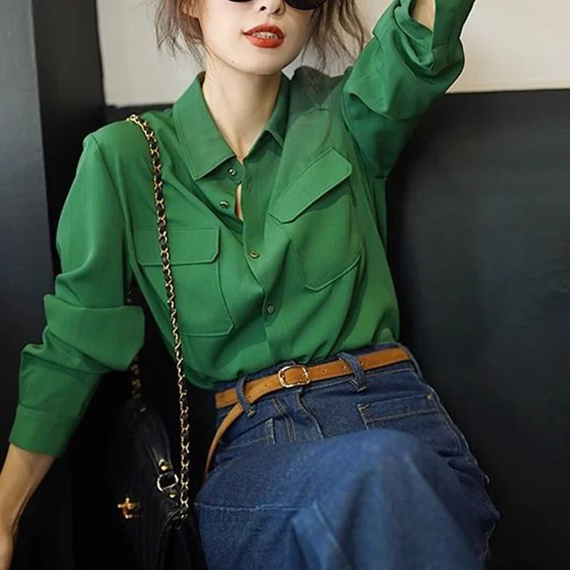 French Style Retro Elegant Green Long Sleeved Shirt Autumn New Fashion Casual Loose Versatile Popular Turn-down Collar Lady Top