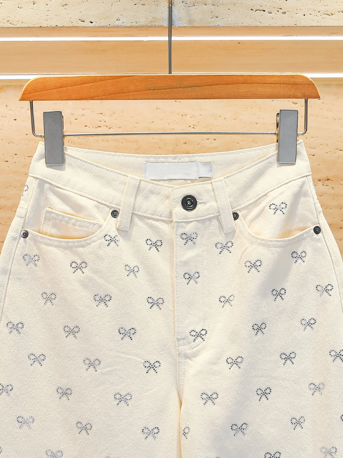 Denim jeans met hoge taille en wijde pijpen Casual Ivory Diamond Knot Premium Spring Faion-jeans voor dames van SP Home South Oil