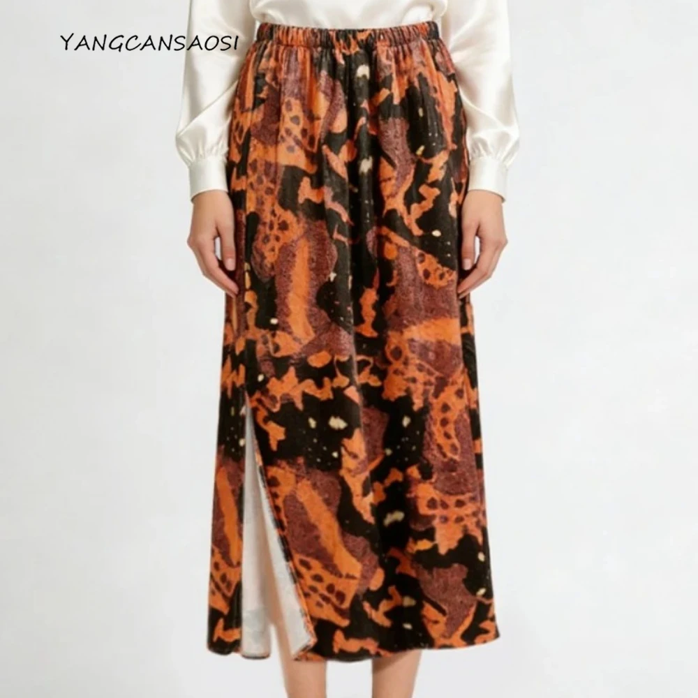 

Юбка из 30% натурального шелка тутового шелкопряда, модная женская юбка-карандаш прямого кроя с оранжевым леопардовым принтом, весенняя коллекция 2026