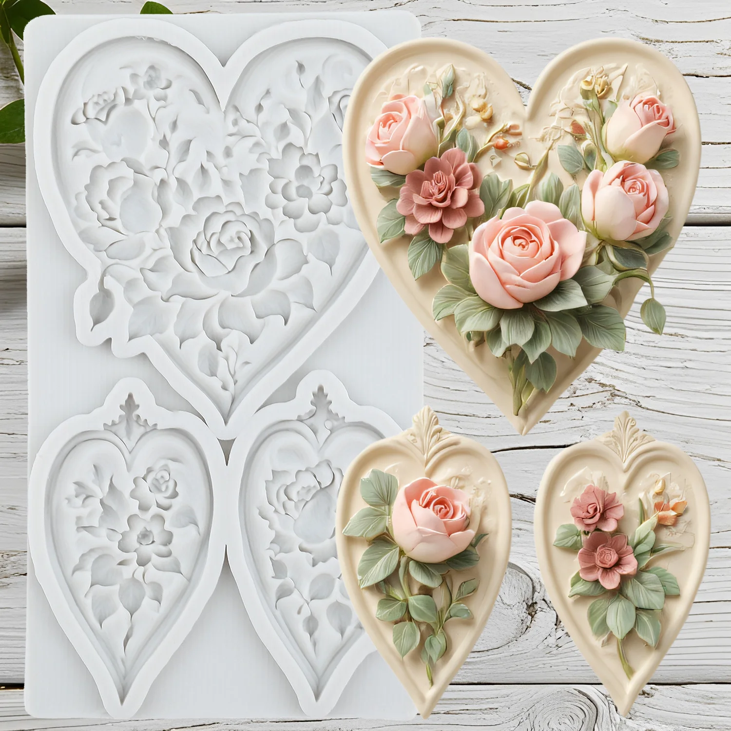 Moldes de silicona con forma de corazón, herramientas de decoración de tortas con fondant y flor rosa, adorno para magdalenas, caramelo de Chocolate, pasta de goma artesanal, arcilla polimérica