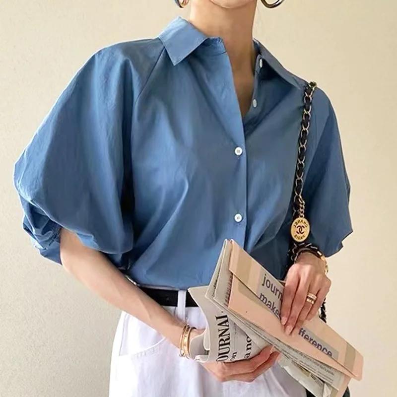 Women\'s Short Lantern Sleeve Blouse, French Style Shirt, Turn Down Collar, Loose Clothes, Solid Blue, Office Lady, Summer, 8385