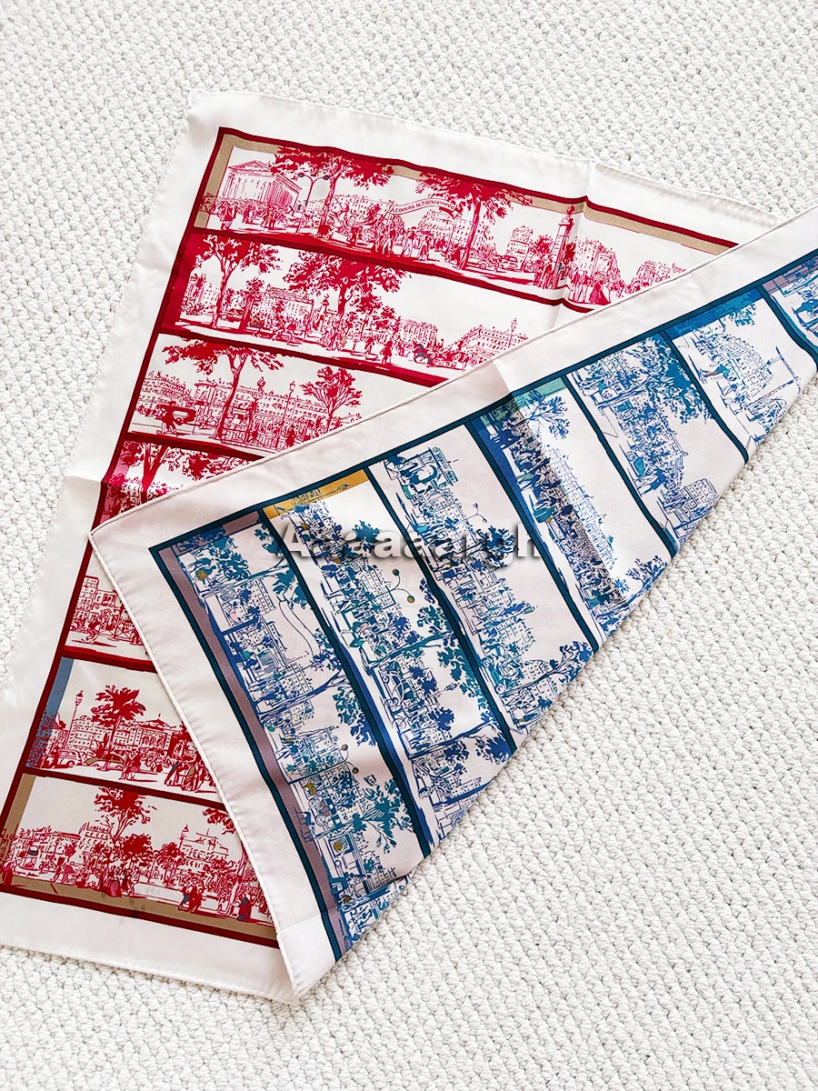 Women Silk Scarf 70cm Luxury Hand Rolled Scarfs Shawls Bag Neck Accessories Lady Christmas Gift Double Sided Print Bandanas
