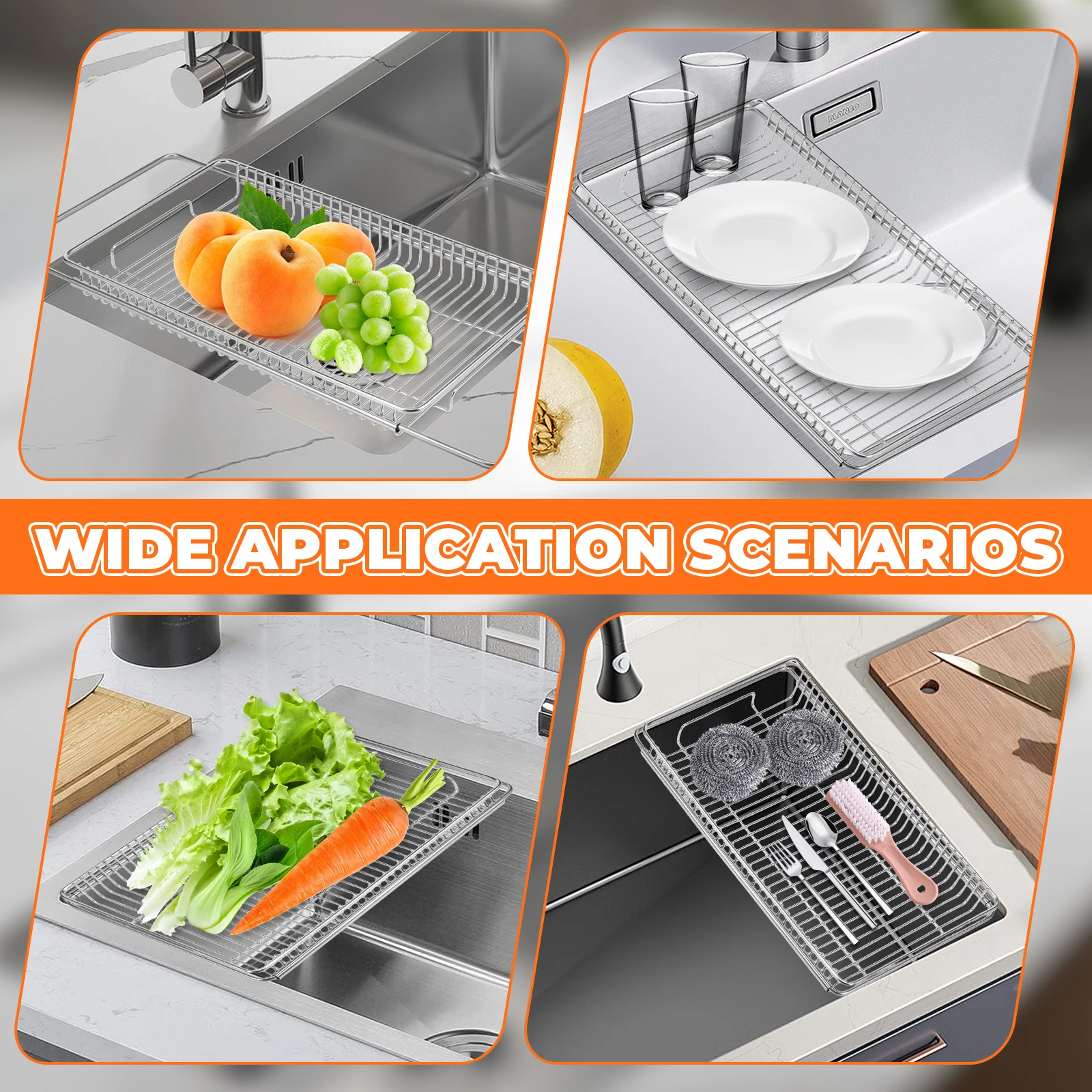 Extendable Over the Sink Dish Drying Rack 304 StainlessSteel Sink Drainer Rack Multifunctional Dish Strainer for Kitchen Counter
