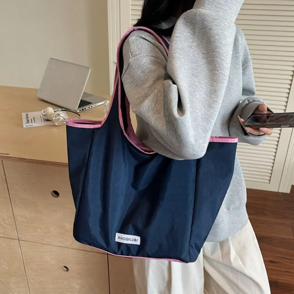 

Dopamine Color Nylon Shoulder Bag Lightweight Cloth Foldable Shopping Bag Waterproof Handbag Eco Friendly Storage Bag Women