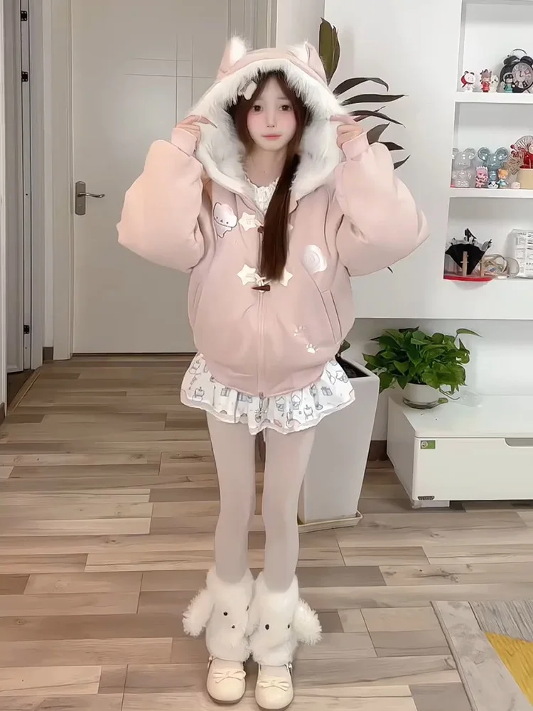 

Kawaii Embroidery Jaet Women's Thiened Winter Cotton Clothes Warm Fluffy Fem College Sle Soft Cotton Coat