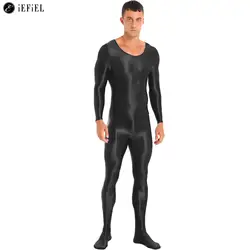 Men's Shimmery Glossy Long Sleeve Tight Bodystocking Lingerie Jumpsuit One Piece Footed Full Bodysuit Catsuit Biketard Unitard