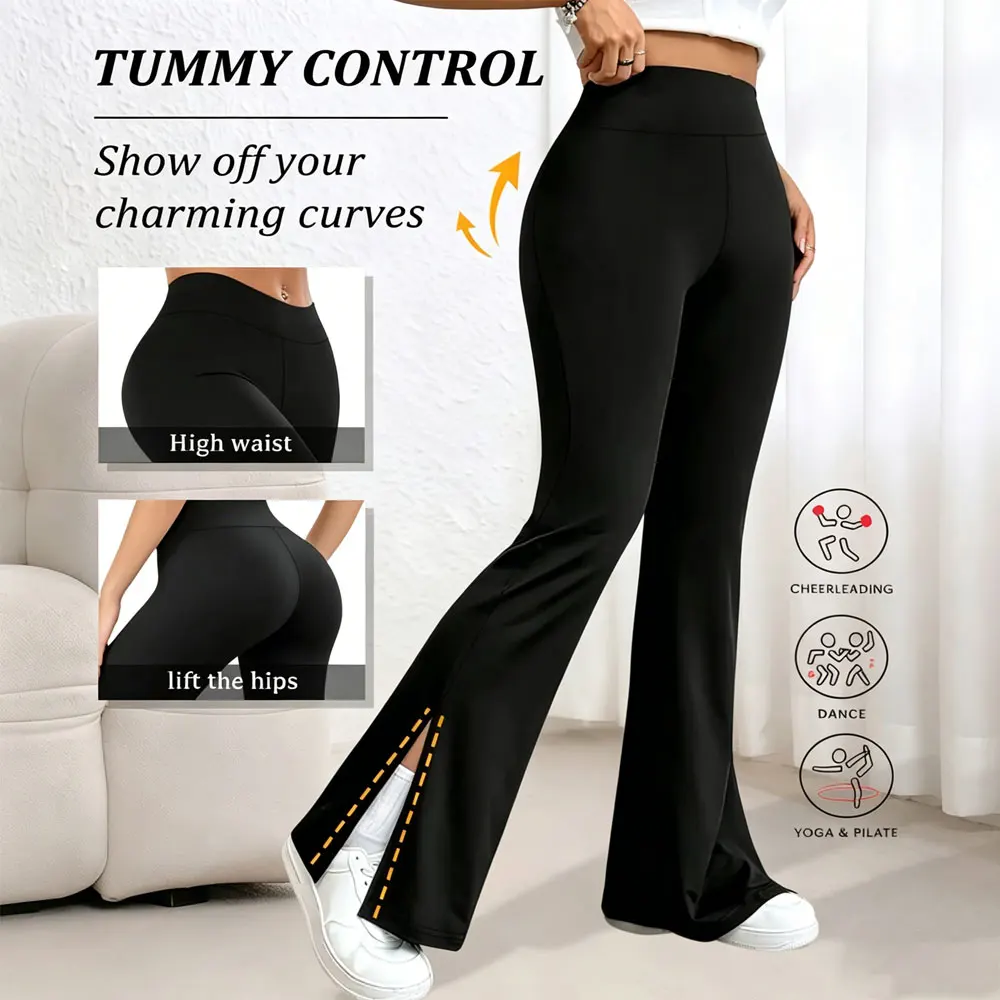 Elegant Slit Flare Pants Fashion Office Date Casual Trouser High Waist Stretch Wide Leg Sports Leggings Outdoor Commute Bottoms