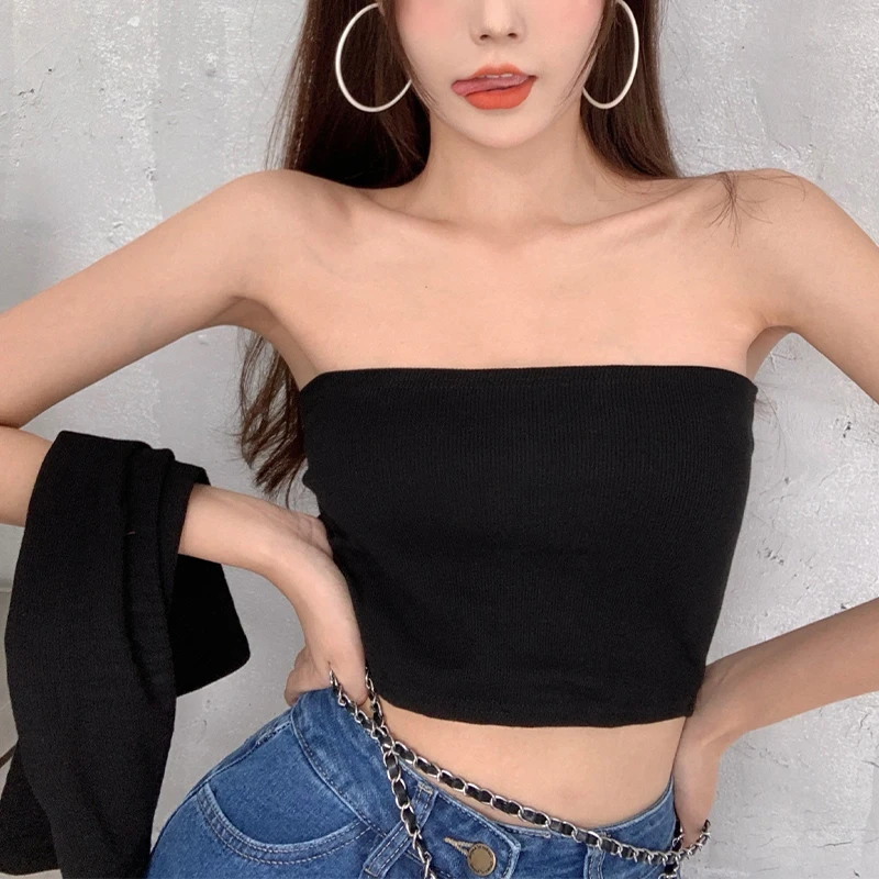 Lairauiy Women\'s Crop Tops Solid Color Slim Fitted Sleeveless Strapless Bandeau Tube Pullovers with Long Sleeves for Summer