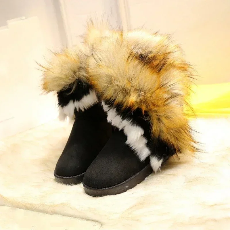 Fashion Faux Fox Hair Women's Boots Winter New Ankle Boots Ladies Snow Boots The Tube Cotton Boots Comfortable Warm Women Boots