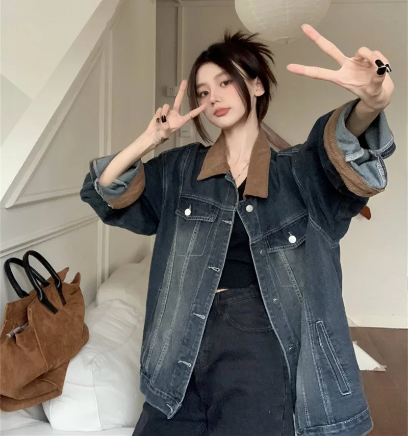 Turn-down Long Sleeved Denim Jacket Patchwork Style Women's Loose Medium Length Jackets Spring Autumn New Premium Feel Loose Top