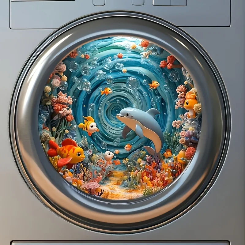 Ocean World Wall Sticker Decoration, Beautifying The Laundry Room, Round Sticker Decoration for Washing Machines, Home Decor