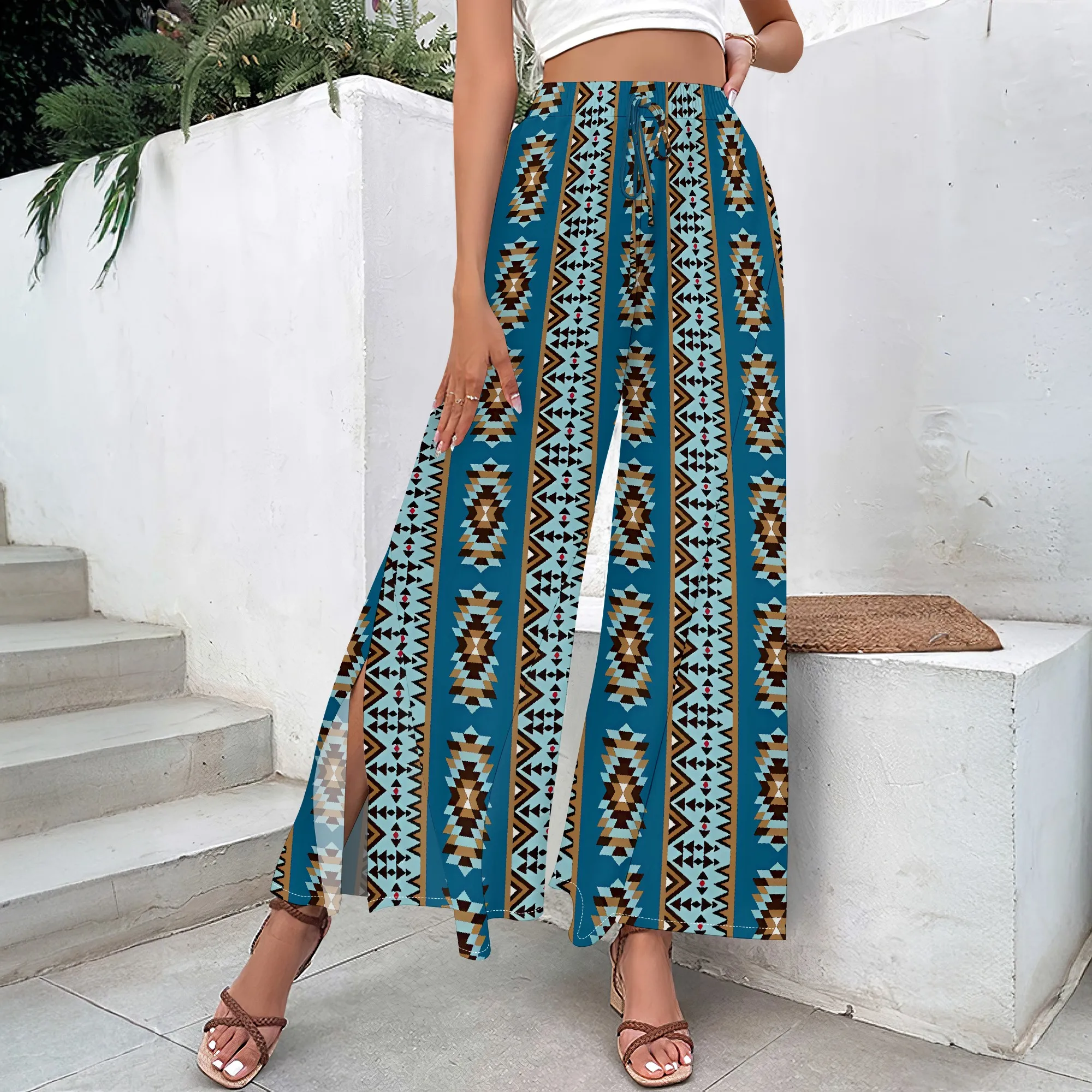 Dameskleding 2025, lente/zomer nieuw item op maat casual slim fit bloemen midden taille modieuze wijde pijpen broek strandbroek laag