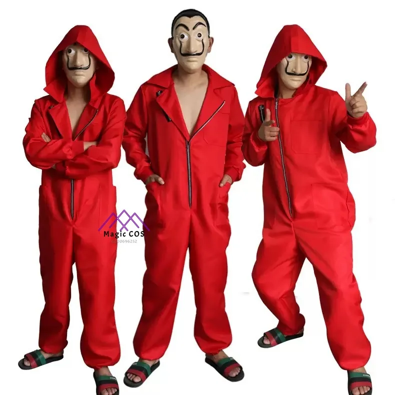

Salvador Dali Cosplay Red Jumpsuit Mask Papel Costume Cos Kid Adult Banknote House Halloween Party Festival Performance Outfit