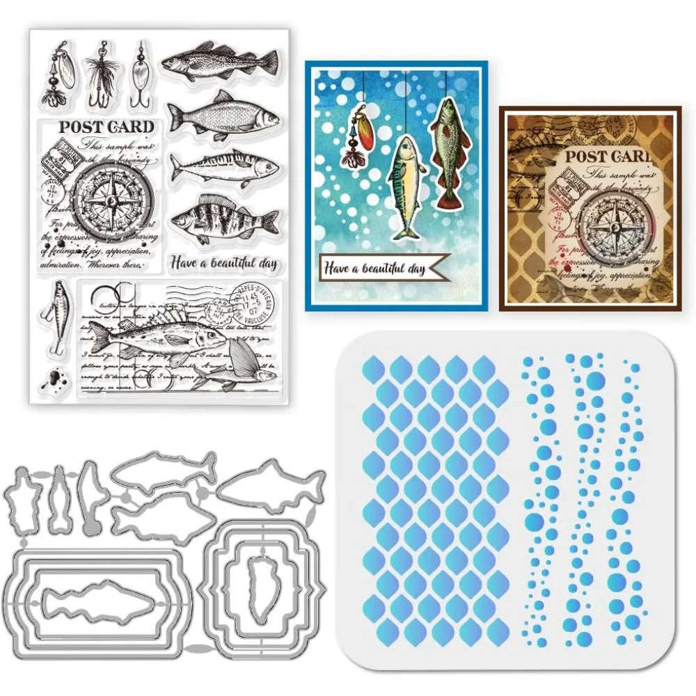 1 Stück PET-Schablone zum Zeichnen und Malen mit 1 Stück PVC-Kunststoff-Stempel mit Kohlenstoffstahl-Stanzformen, Schablonen, Fisch