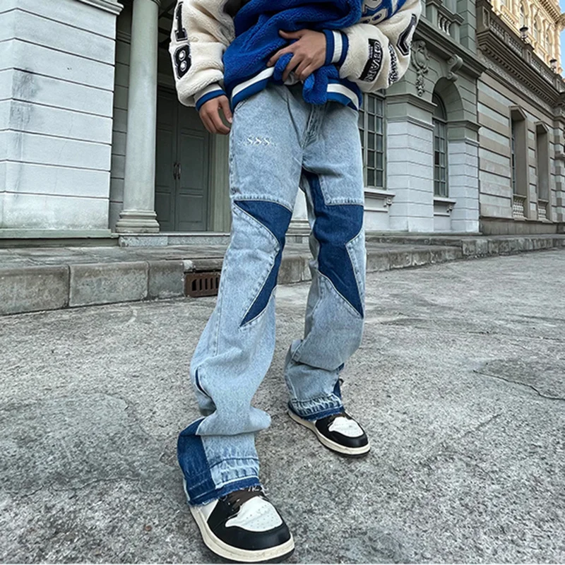 Mode Sterne Hip Hop Jeans Kontrast Farben Patchwork Gerade Jeans Hosen Herren Retro Zerrissene Übergroße Casual Denim Hosen