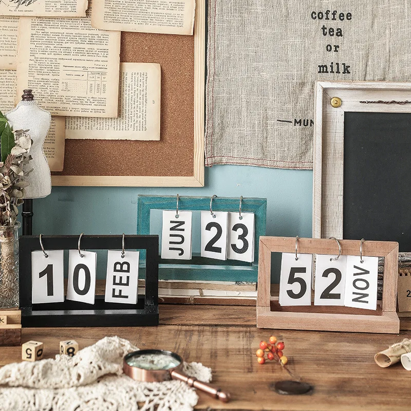 Calendario de escritorio de madera, calendarios de escritorio de madera portátiles con tarjetas de fecha para la escuela de oficina en casa, decoración de calendario de escritorio anual
