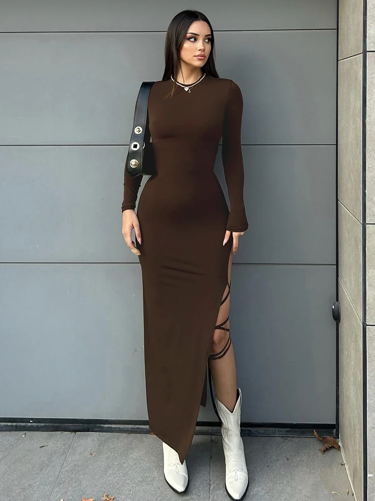 Rockmore Elegant Sexy Side Slit Lace Up Dresses for Women Evening Party Fashion Streetwear Full Sleeve Bodycon Long Dress Casual